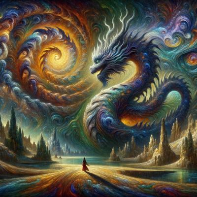 The primary subject of the image is a dragon, which is the main object, scene, or focus of the image. The dragon is depicted in a vibrant and colorful manner, with a mix of blue, green, and orange hues. The dragon is surrounded by a backdrop of a spiral, which adds to the visual interest of the scene. The overall atmosphere of the image is lively and captivating, with the dragon as the central point of attention.